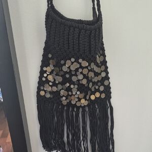Free People Black and Gold Crocheted Fringe Women Bag Hobo Bag